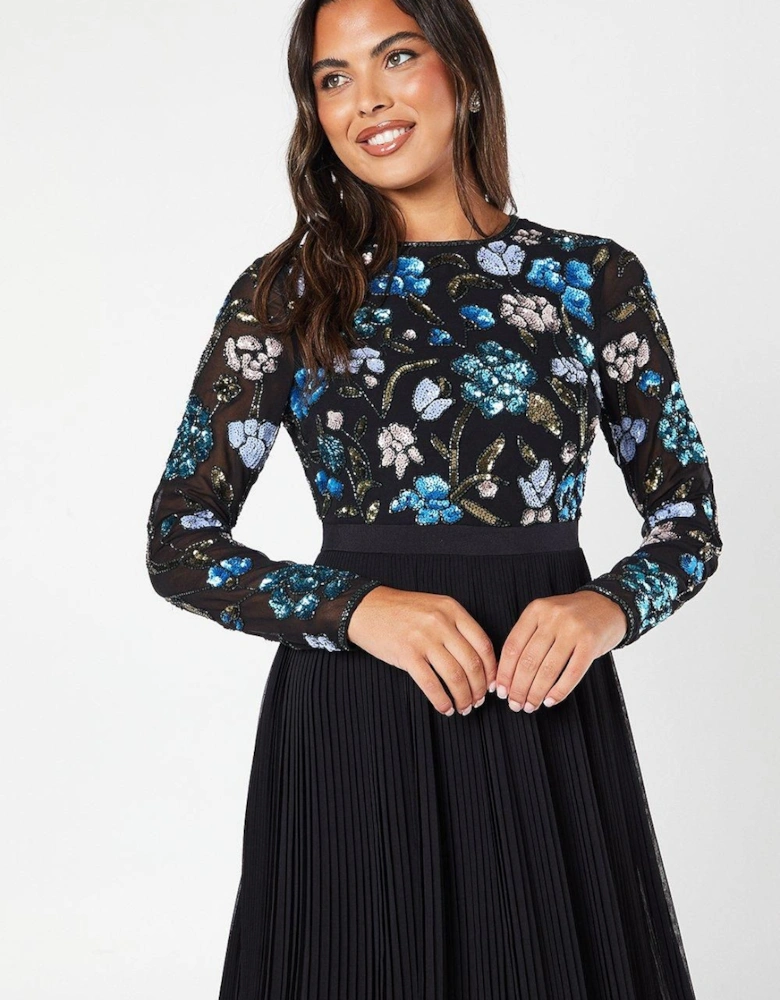 Party Sequin Long Sleeve Floral Midi Dress