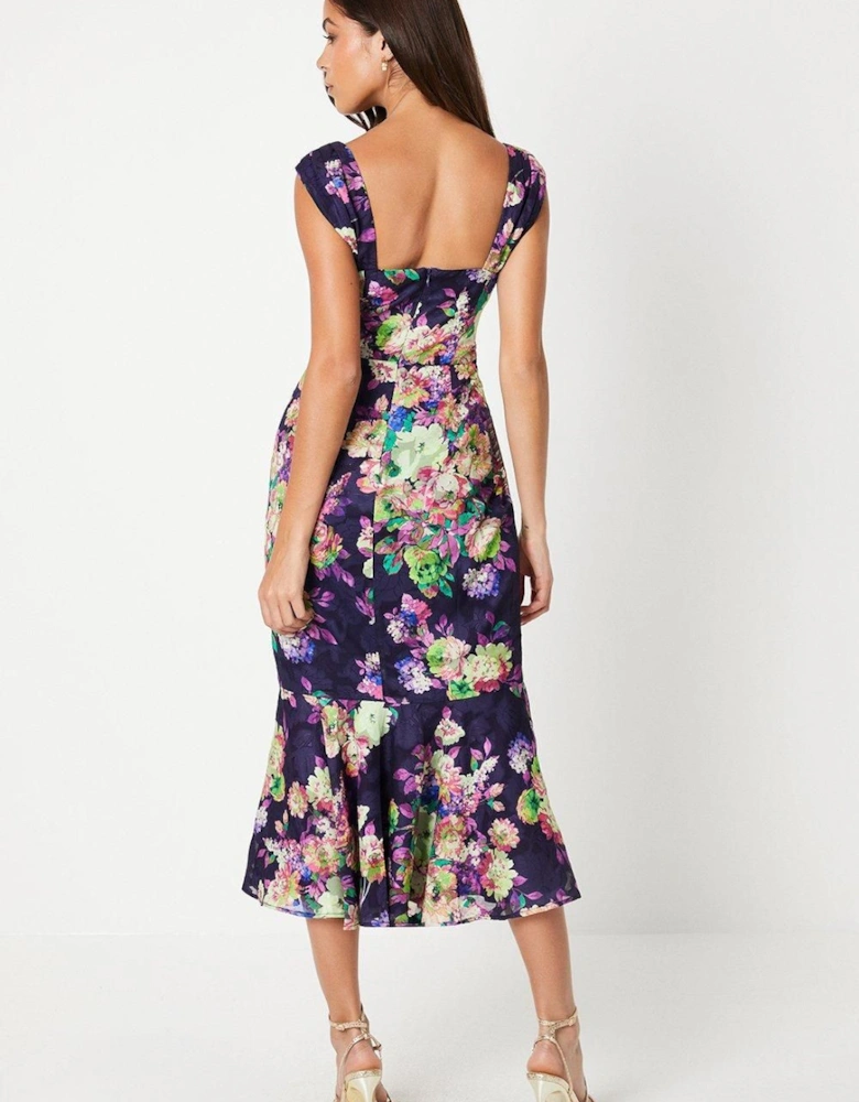 Printed Twist Detail Georgette Jacquard Midi Dress