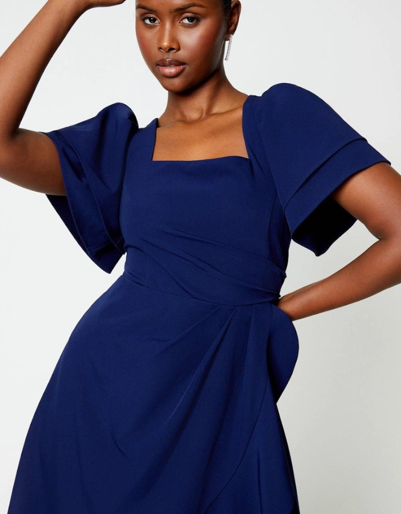 Flutter Sleeve Ruffle Wrap Skirt Midi Dress