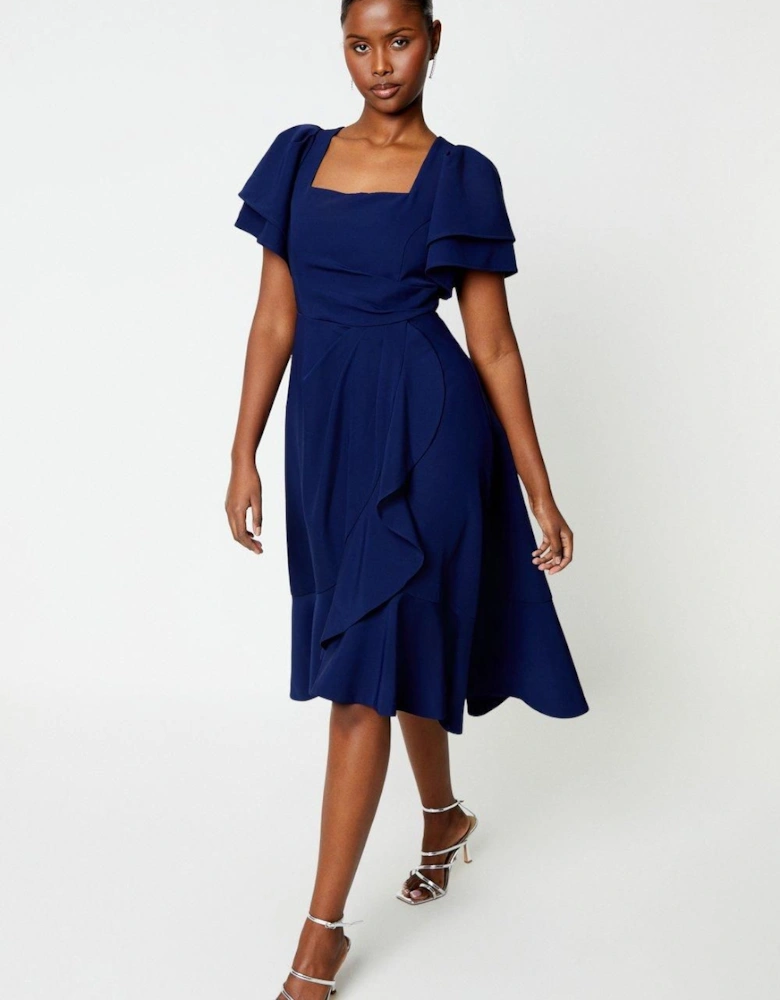 Flutter Sleeve Ruffle Wrap Skirt Midi Dress