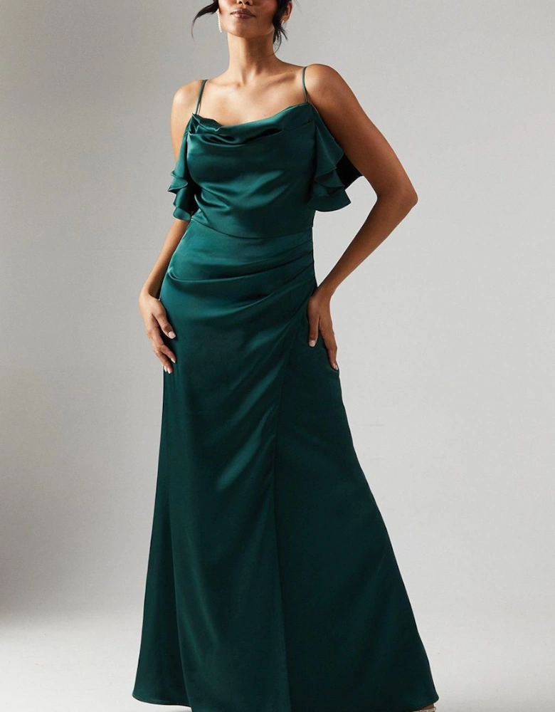 Cowl Neck Ruffle Detail Satin Bridesmaid Dress