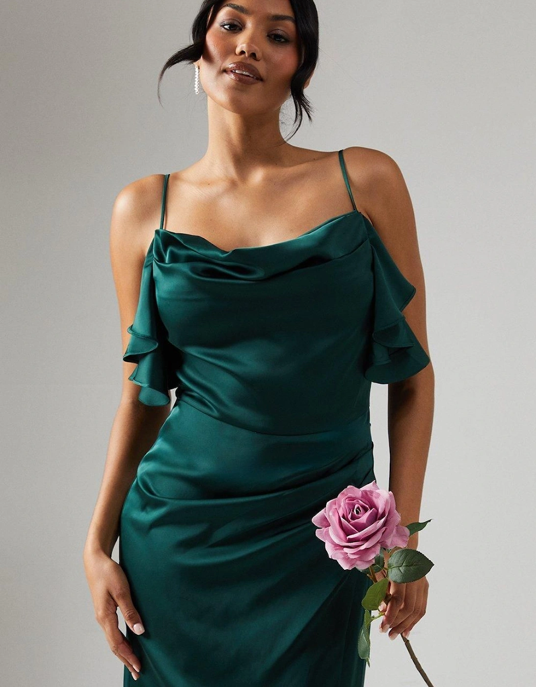 Cowl Neck Ruffle Detail Satin Bridesmaid Dress