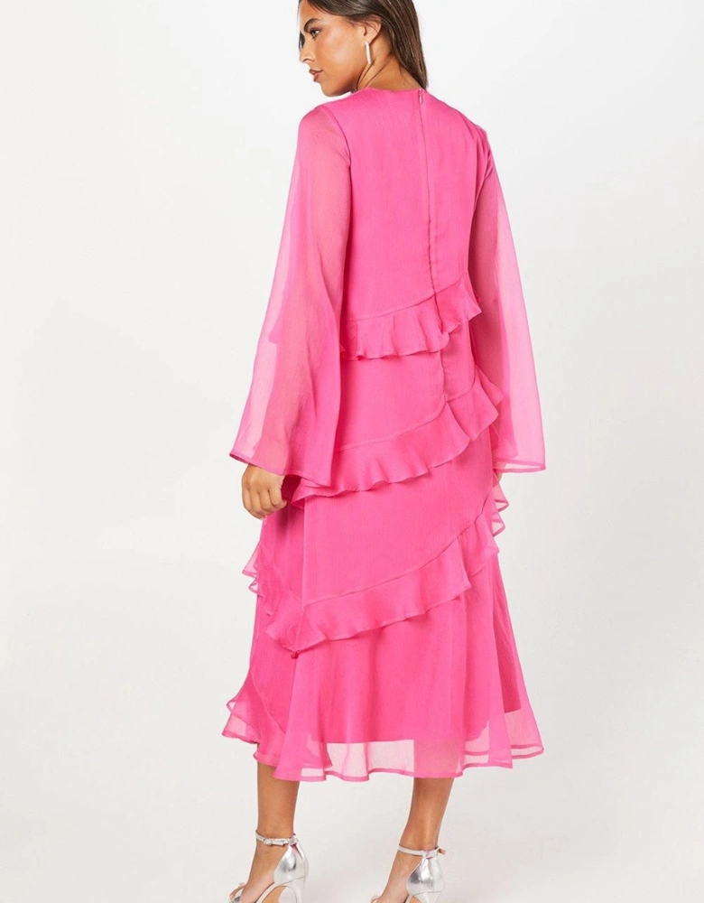 Long Sleeve Ruffle Chiffon Midi Wedding Guest Dress