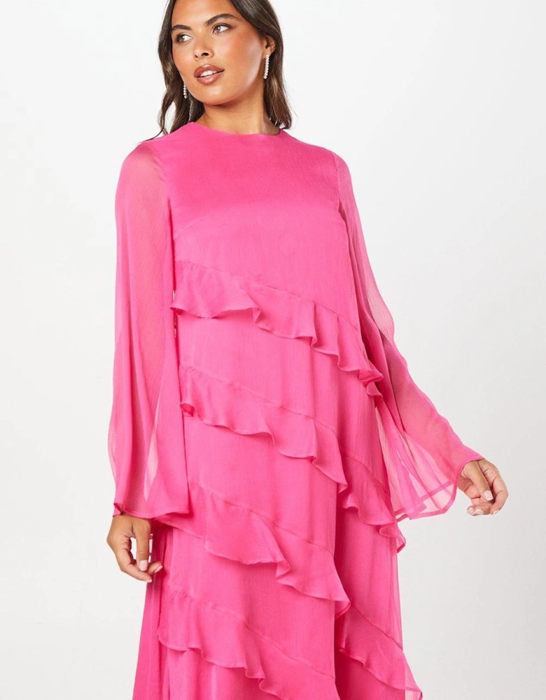 Long Sleeve Ruffle Chiffon Midi Wedding Guest Dress