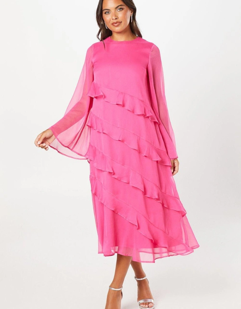 Long Sleeve Ruffle Chiffon Midi Wedding Guest Dress