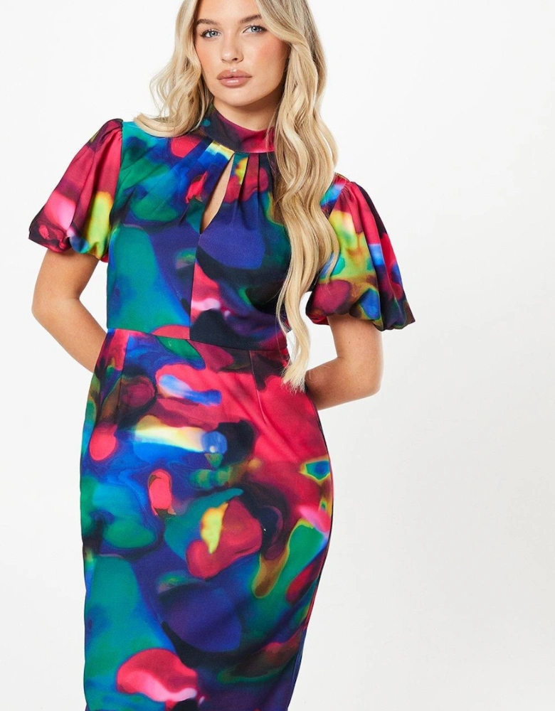 Petite Printed Puff Sleeve Midi Dress