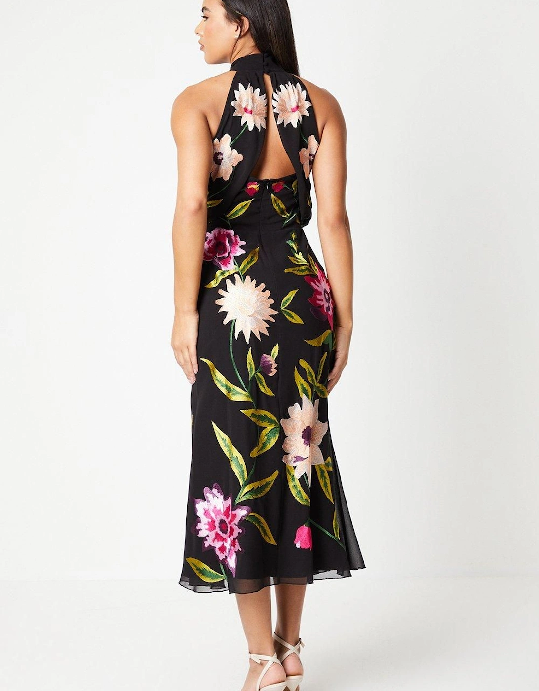 High Neck Midi Dress With Floral Embroidery