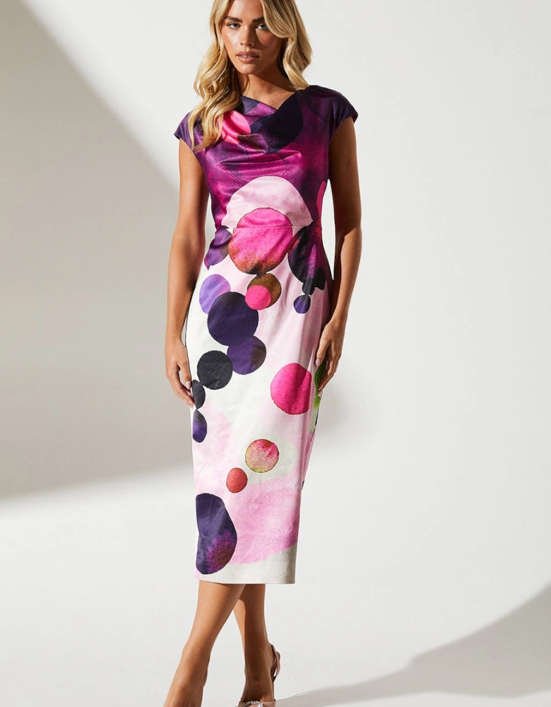 Petite Spot Print Cowl Neck Midi Wedding Guest Dress In Satin