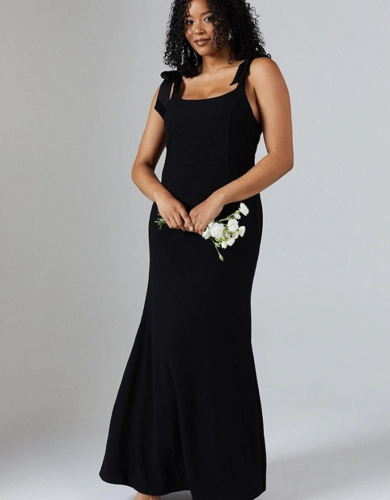 Tie Shoulder Contrast Satin And Crepe Bridesmaid Maxi Dress