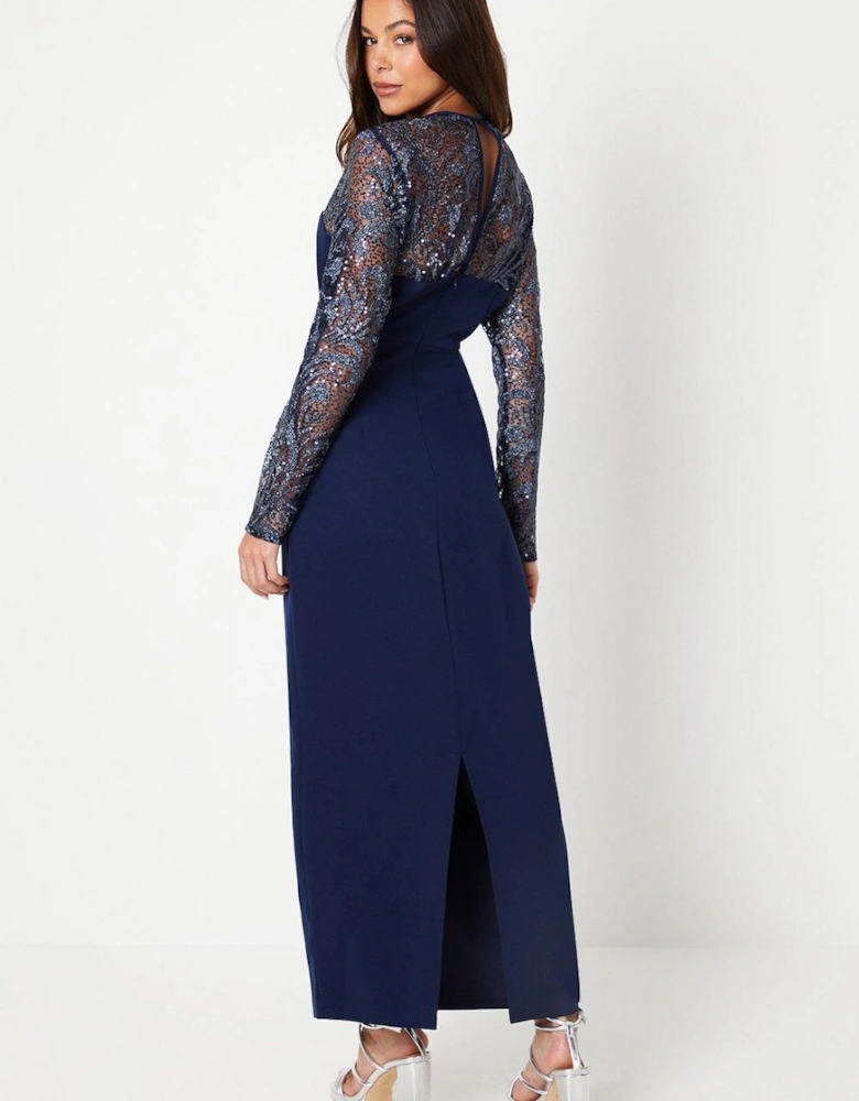 Embellished Long Sleeve Column Maxi Dress