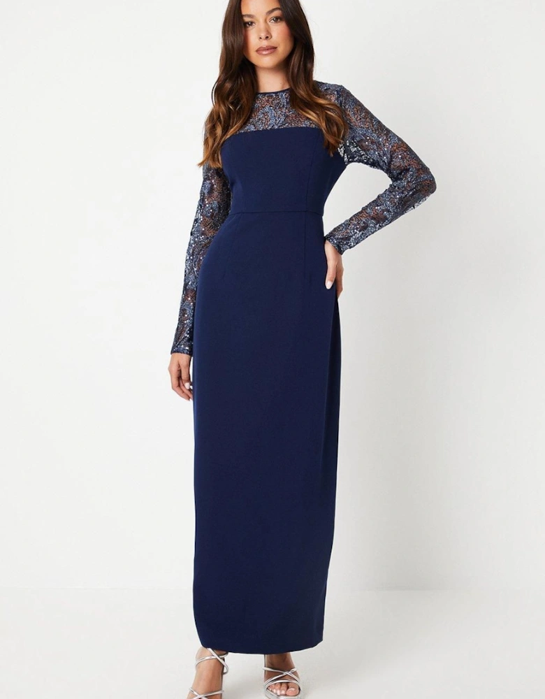 Embellished Long Sleeve Column Maxi Dress