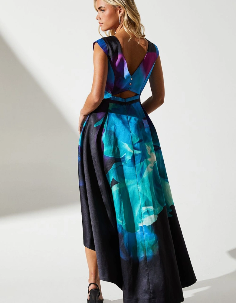 Petite Floral Print High Low Hem Wedding Guest Dress In Twill