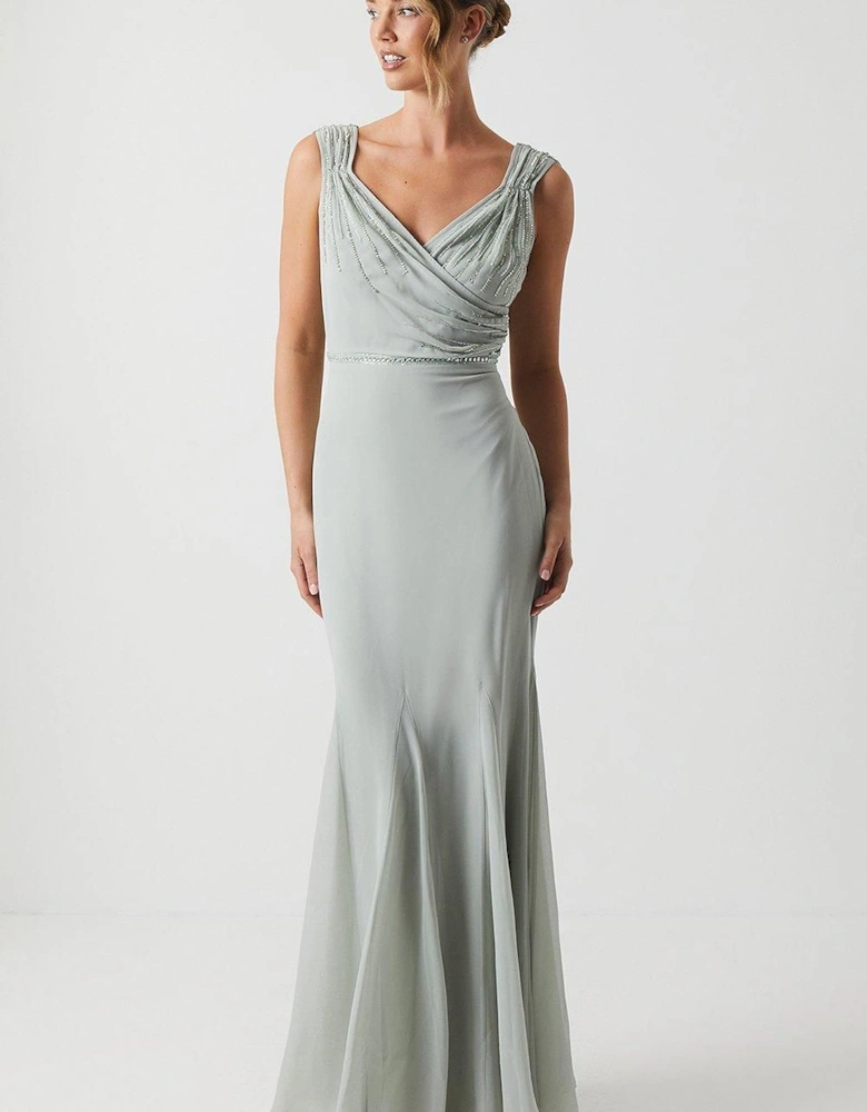 Cowl Back Chiffon Embellished Bridesmaid Dress