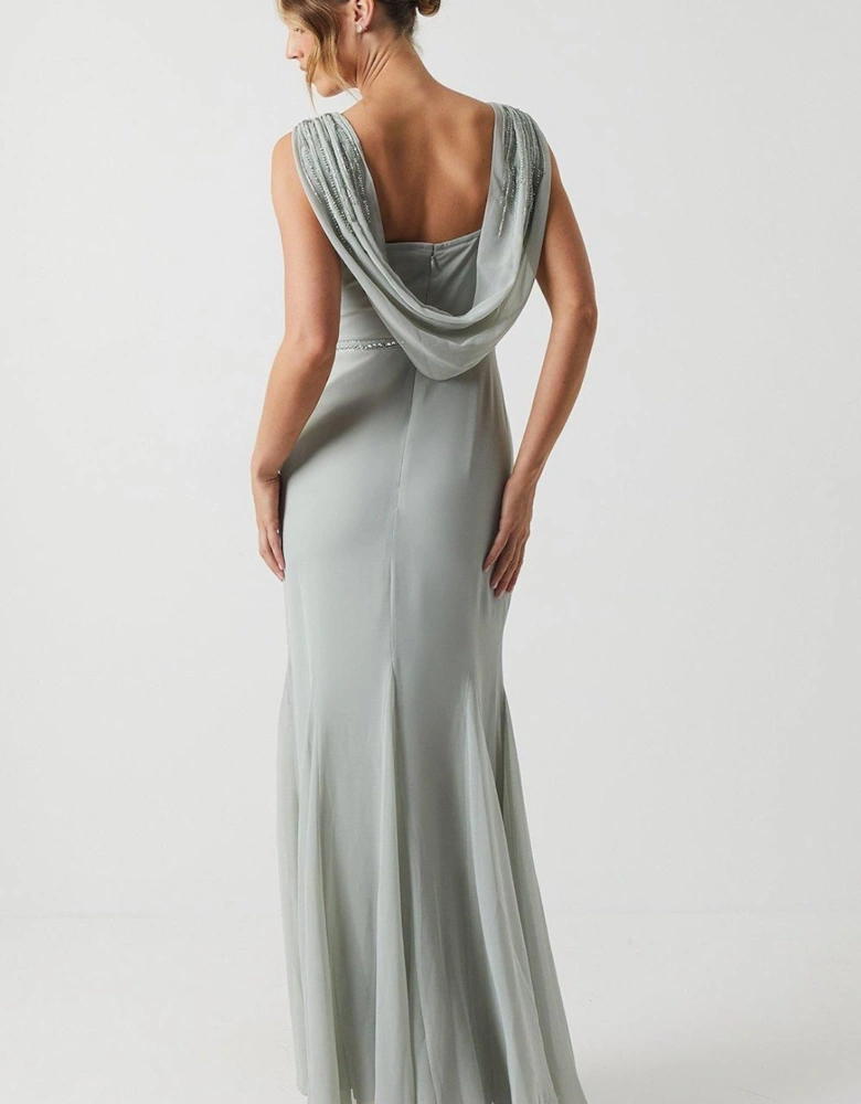 Cowl Back Chiffon Embellished Bridesmaid Dress