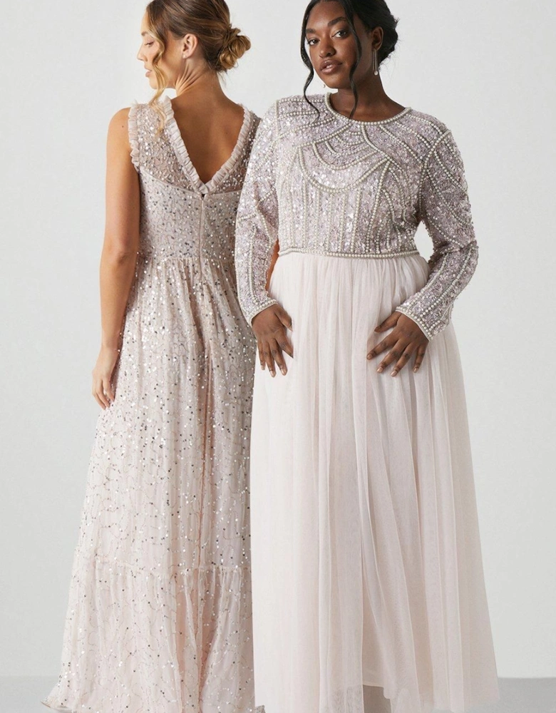 Plus Size Pearl Embellished Bodice Bridesmaid Tulle Skirt Dress