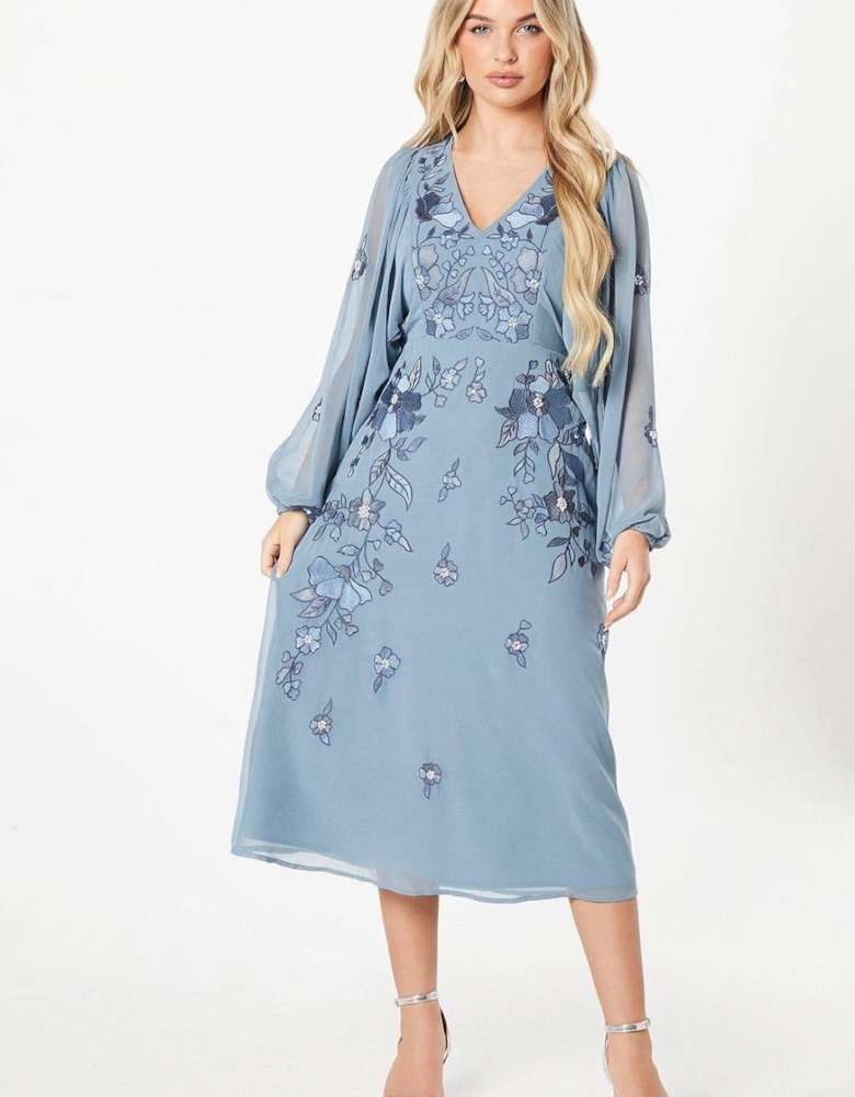 Petite Embellished And Embroidered Batwing Sleeve Midi Dress