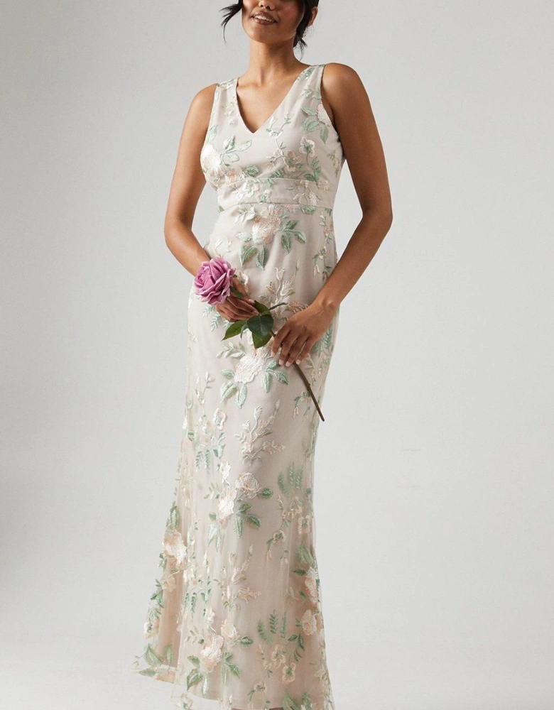 Plunge Neck Rose Embroidered Bridesmaid Dress