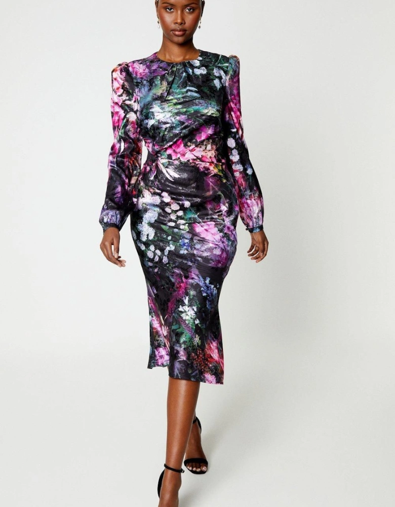 Long Sleeve Satin Jacquard Midi Dress