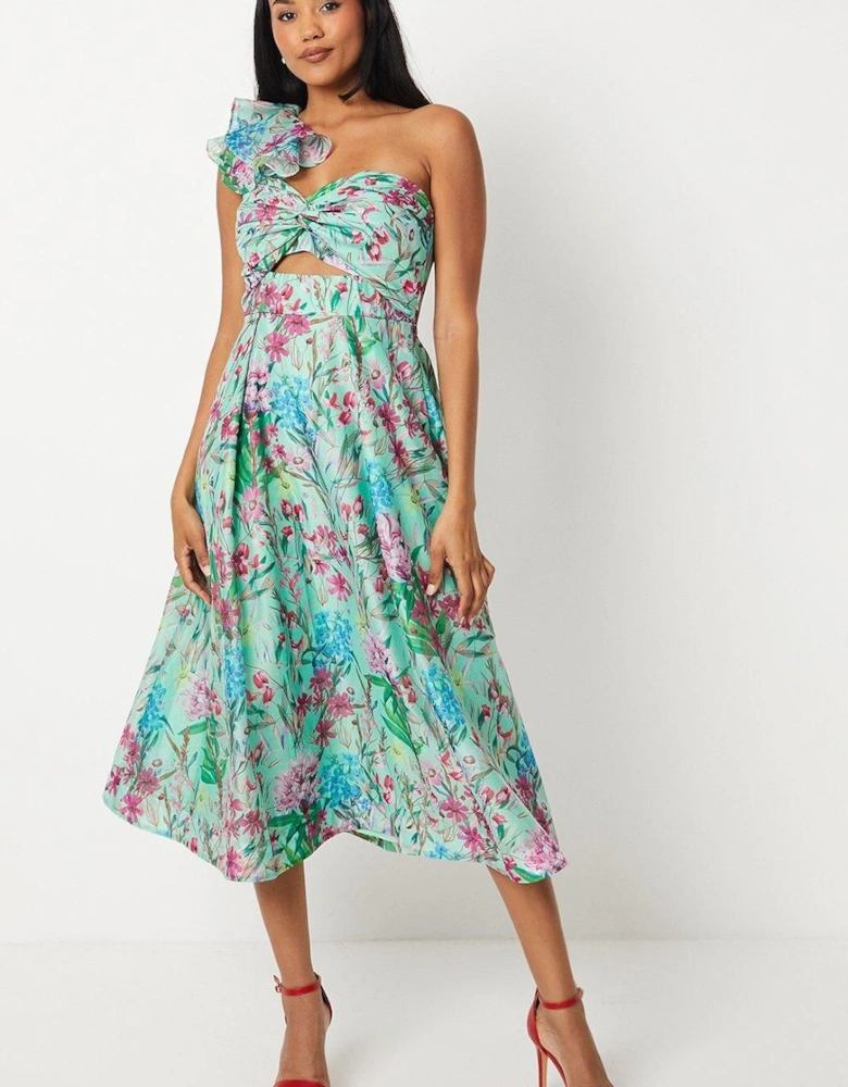 Printed Organza One Shoulder Twist Front Midi Dress