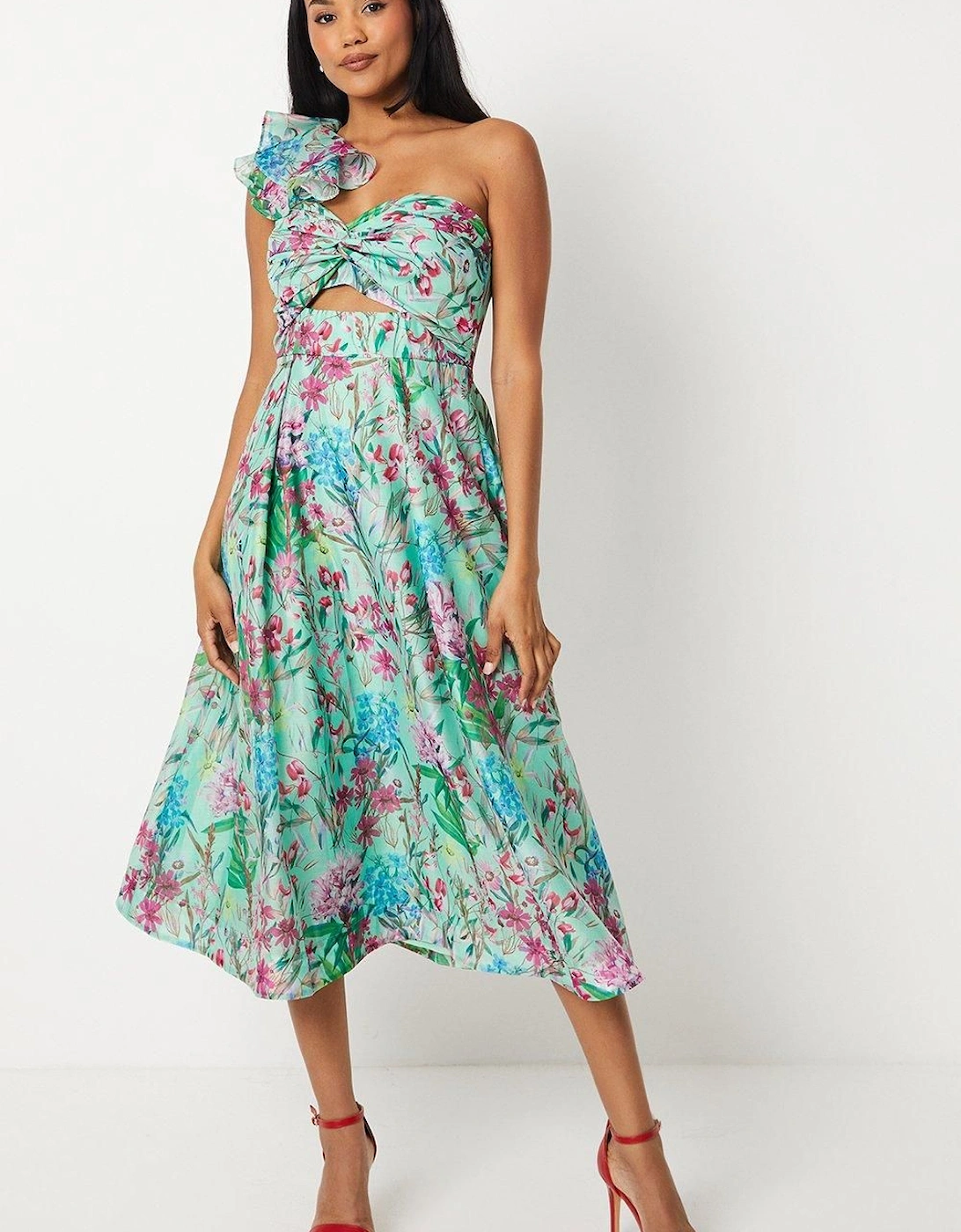 Printed Organza One Shoulder Twist Front Midi Dress, 6 of 5