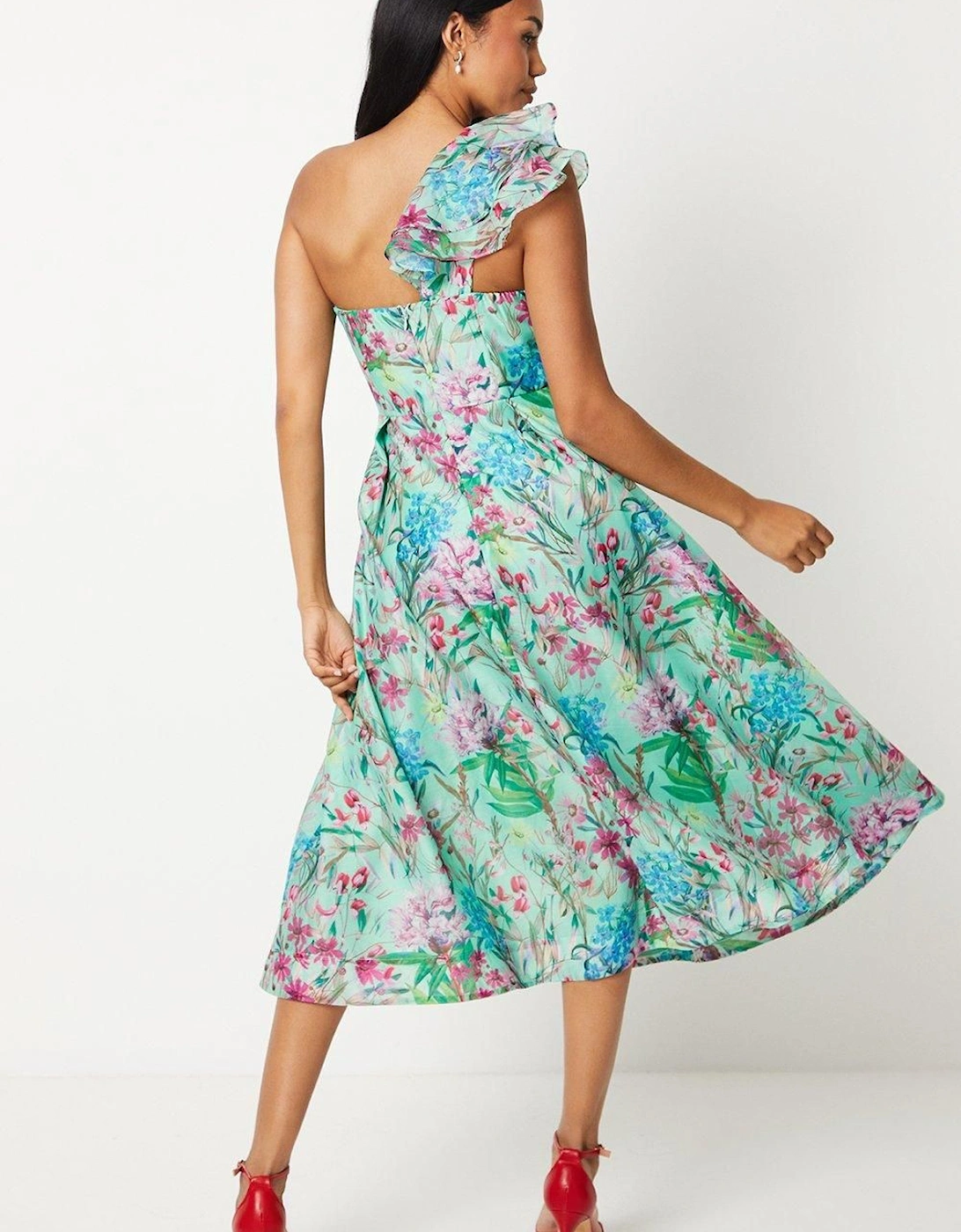 Printed Organza One Shoulder Twist Front Midi Dress