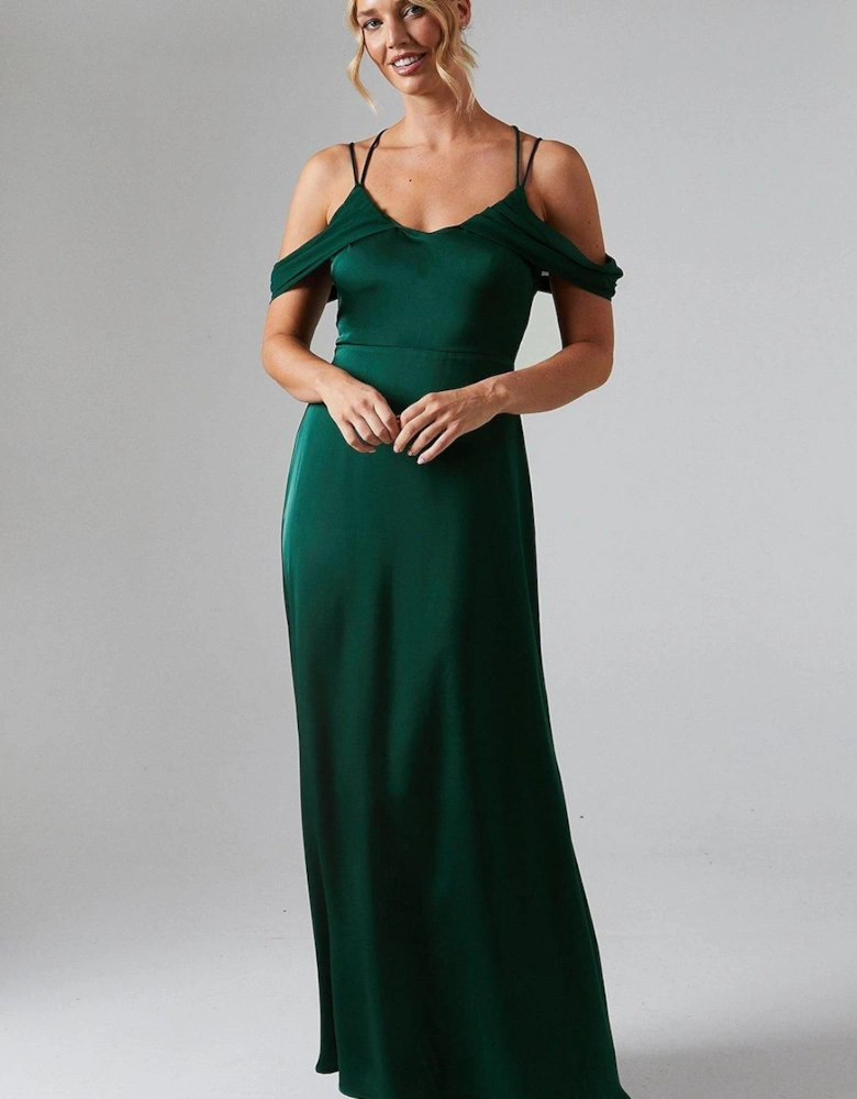 Wrap Cold Shoulder Strappy Satin Bridesmaid Dress