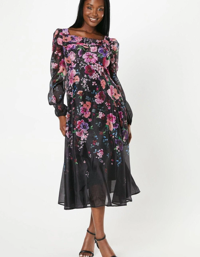 Organza Panelled Print Midi Dress