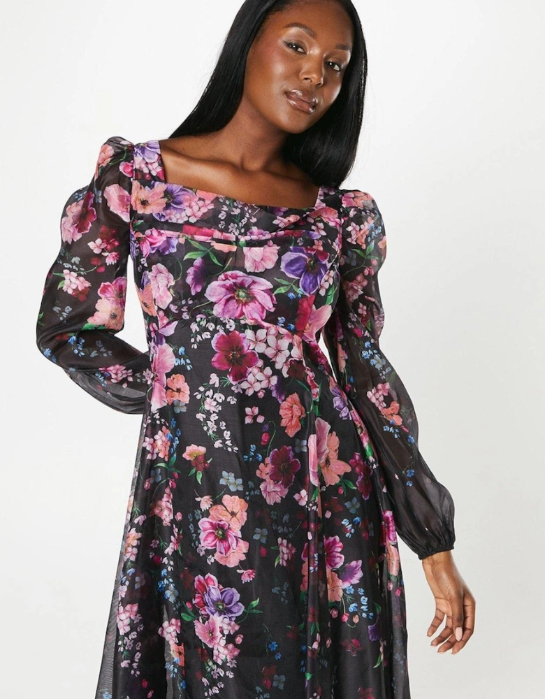 Organza Panelled Print Midi Dress