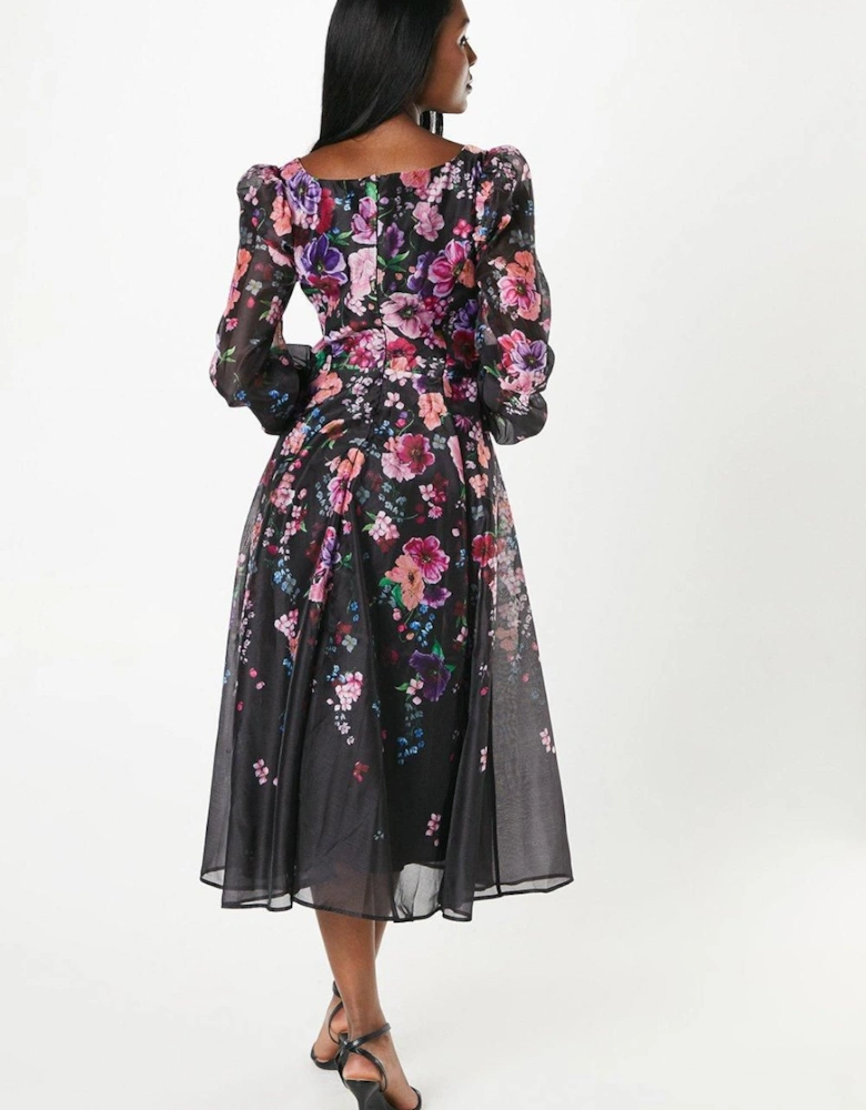 Organza Panelled Print Midi Dress