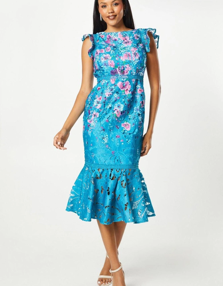 Placement Print Lace Flute Hem Dress