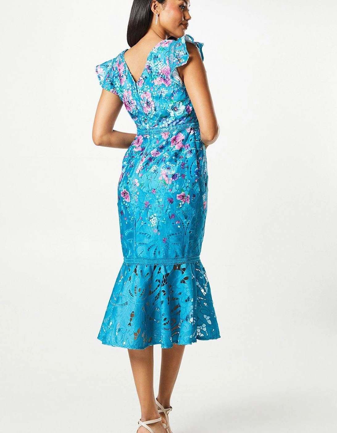 Placement Print Lace Flute Hem Dress