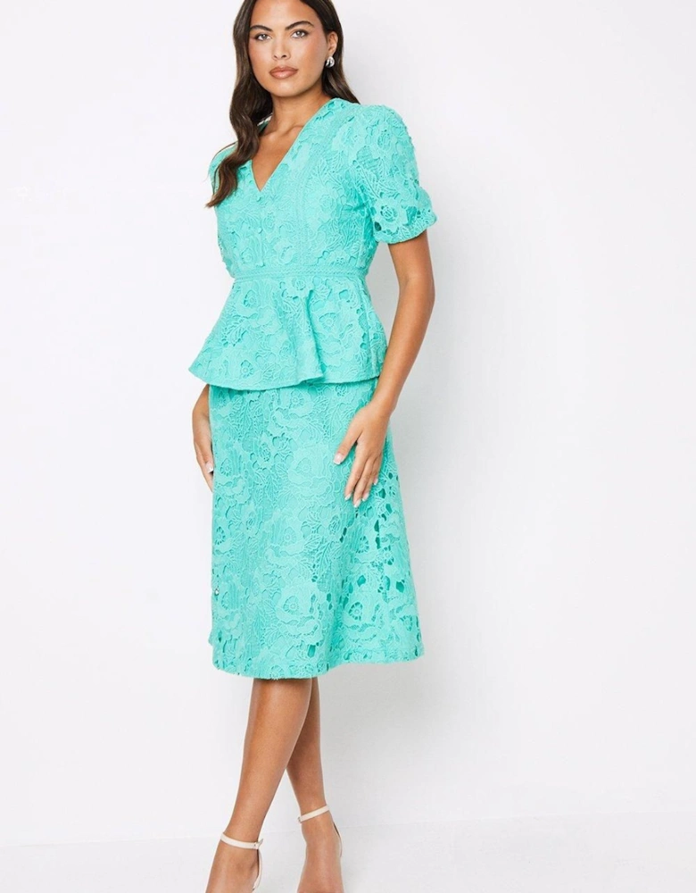 V Neck Puff Sleeve Lace Midi Wedding Guest Dress