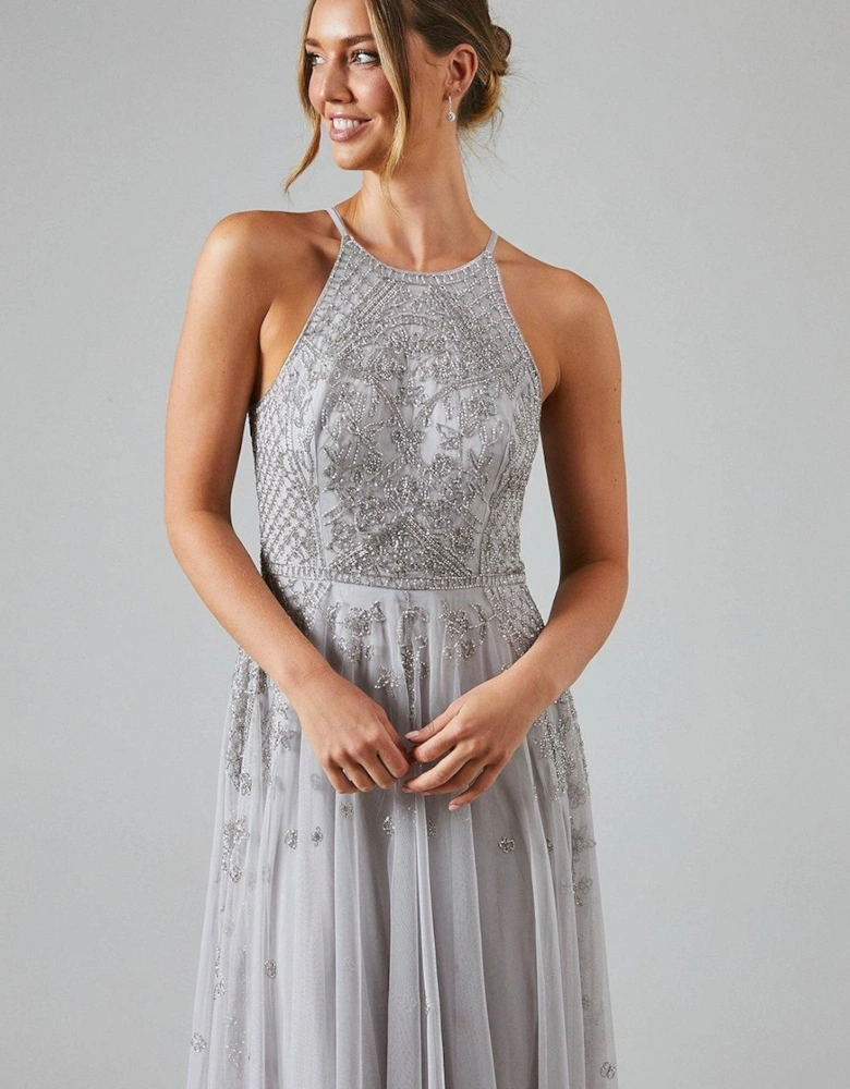 Embellished Artwork Halterneck Bridesmaid Maxi Dress