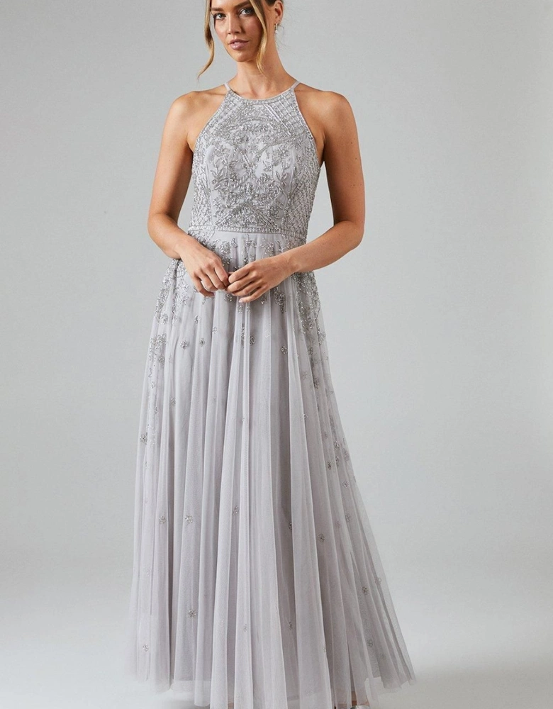 Embellished Artwork Halterneck Bridesmaid Maxi Dress