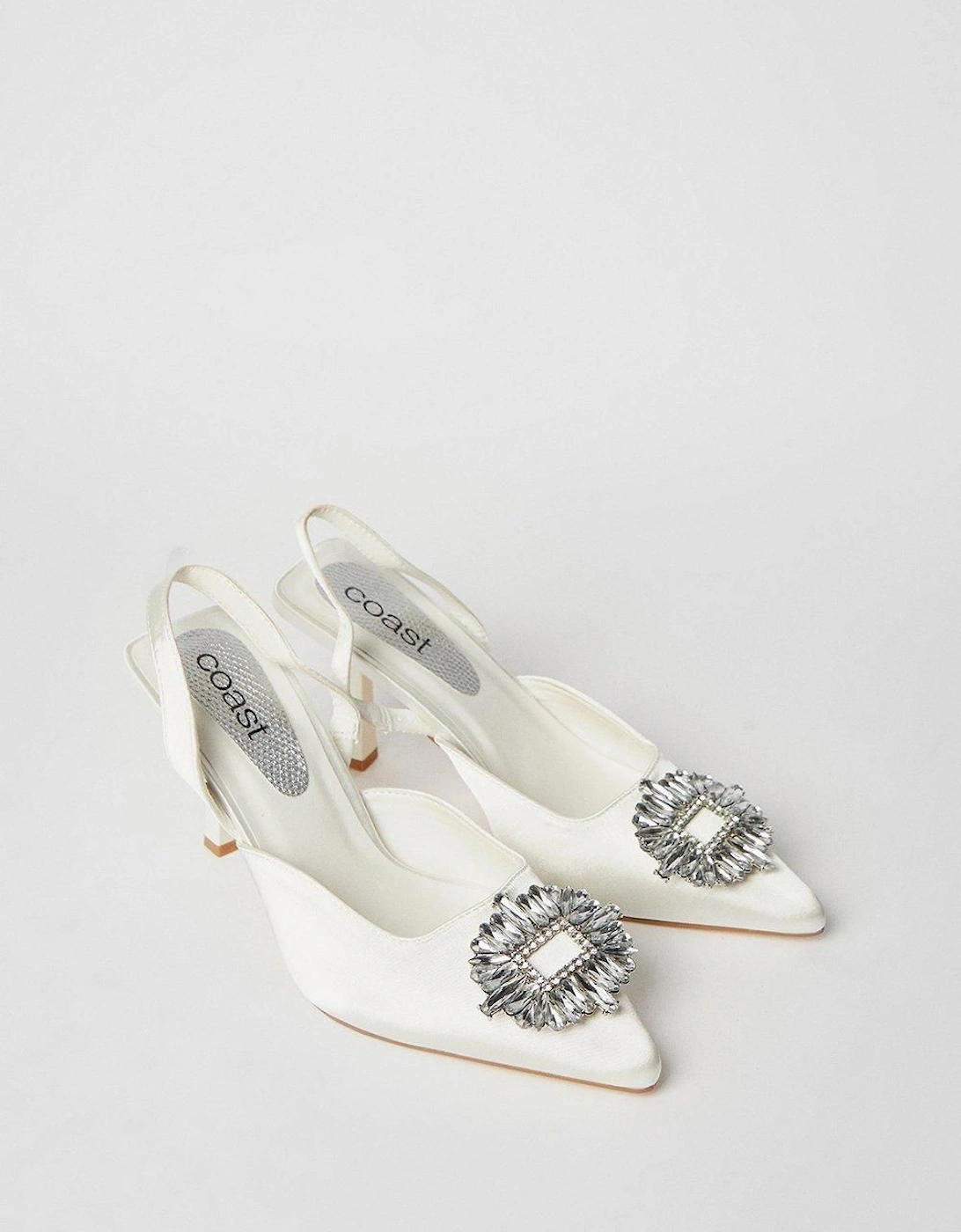 Samia Bridal Satin Jewelled Brooch Detail Slingback High Heel Court Shoes