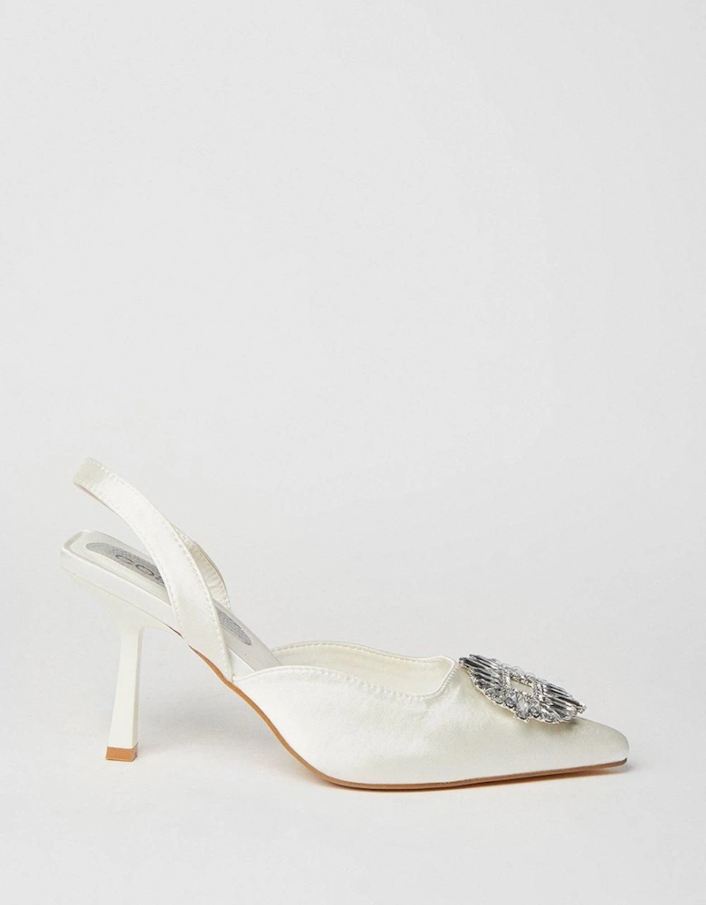 Samia Bridal Satin Jewelled Brooch Detail Slingback High Heel Court Shoes