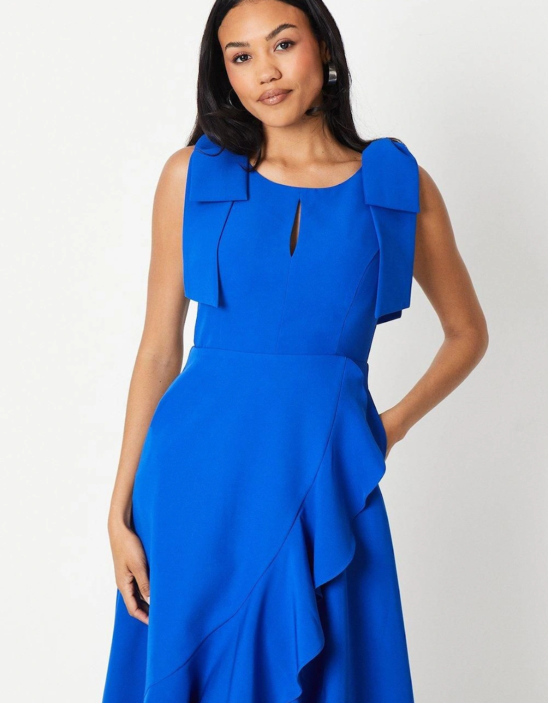 Bow Ruffle Round Neck Midi Dress