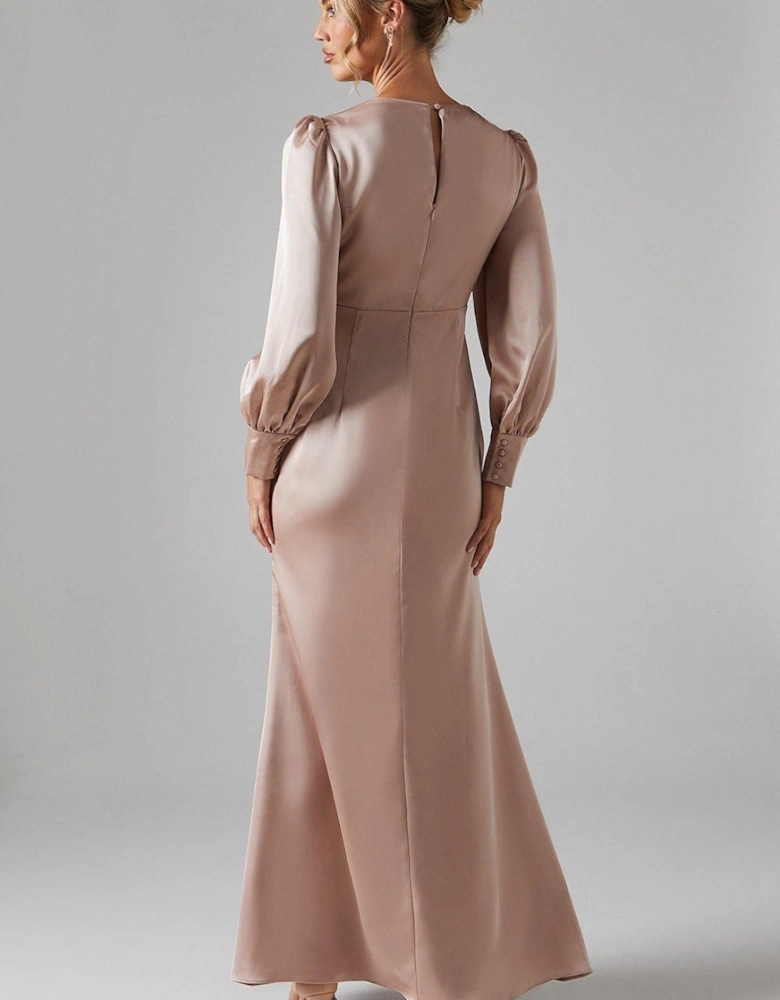 Long Blouson Sleeve V Neck Satin Bridesmaid Dress