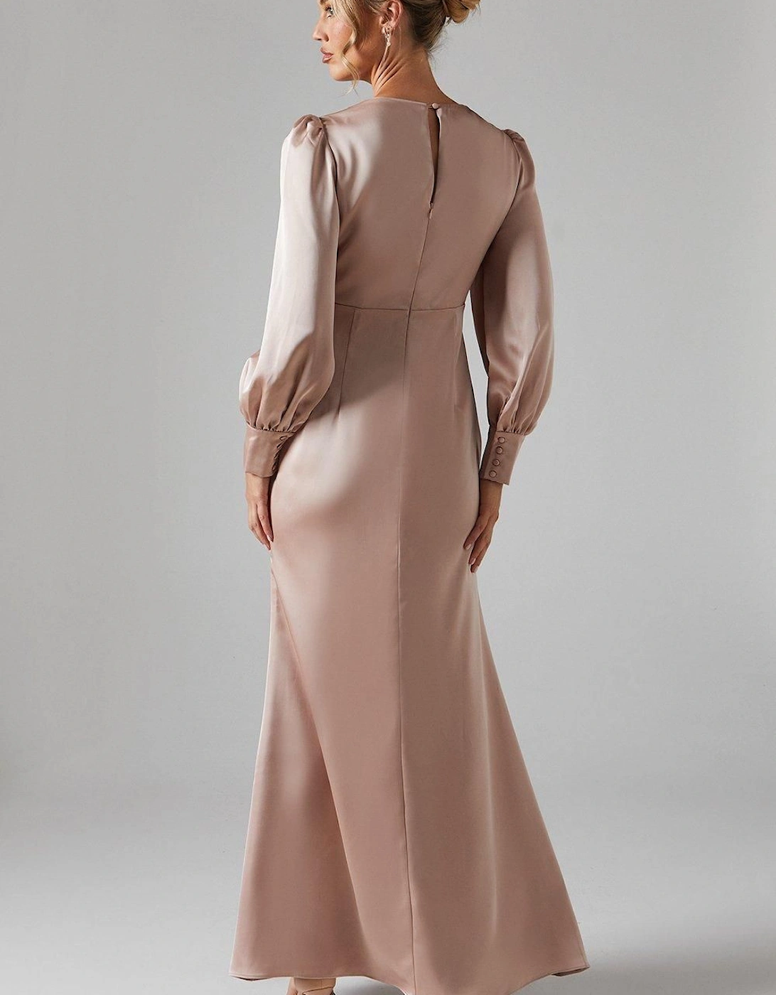 Long Blouson Sleeve V Neck Satin Bridesmaid Dress