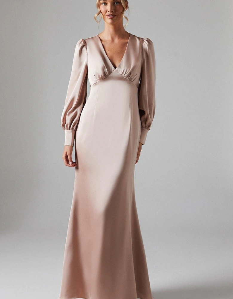 Long Blouson Sleeve V Neck Satin Bridesmaid Dress