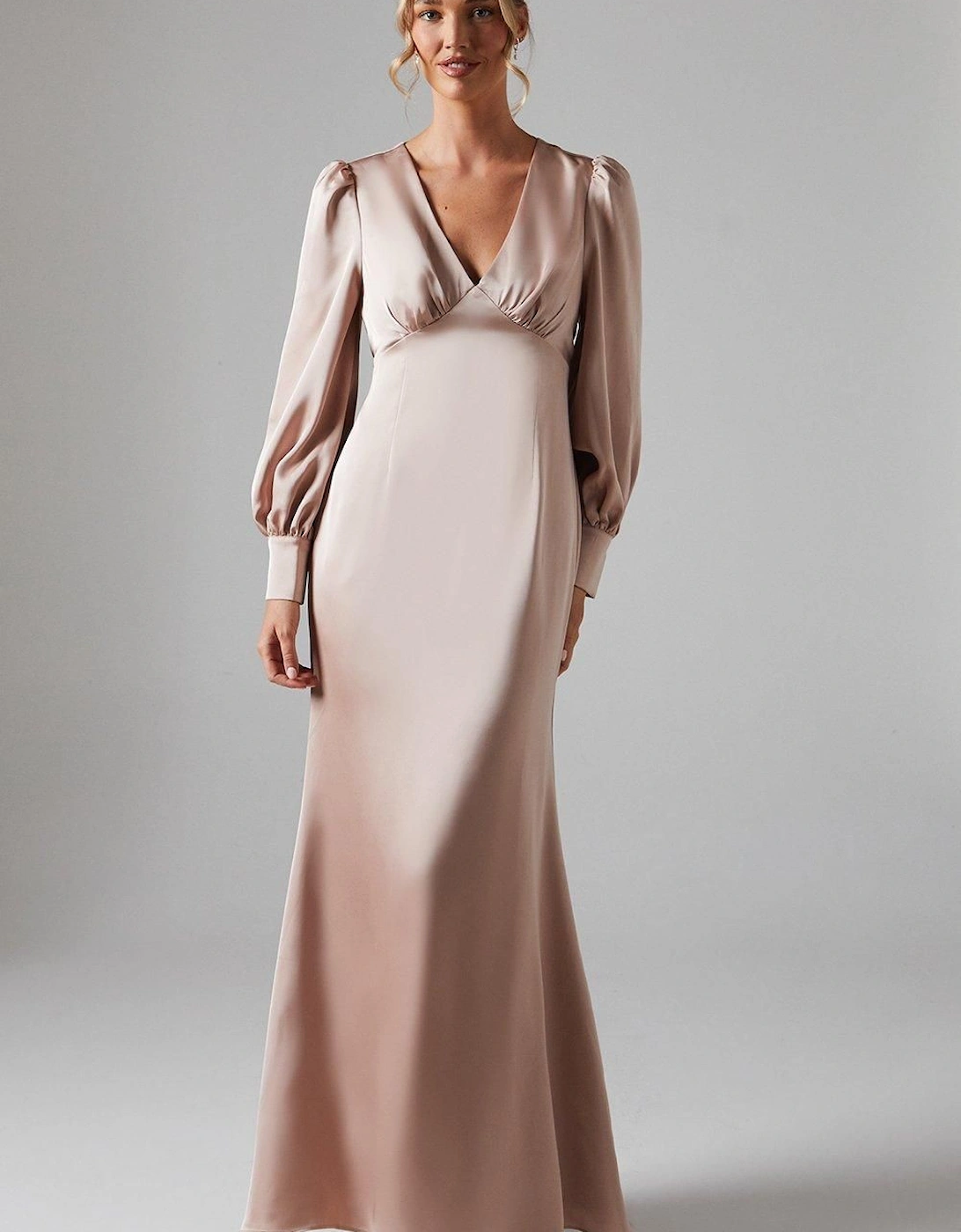 Long Blouson Sleeve V Neck Satin Bridesmaid Dress, 6 of 5