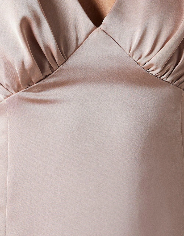 Long Blouson Sleeve V Neck Satin Bridesmaid Dress