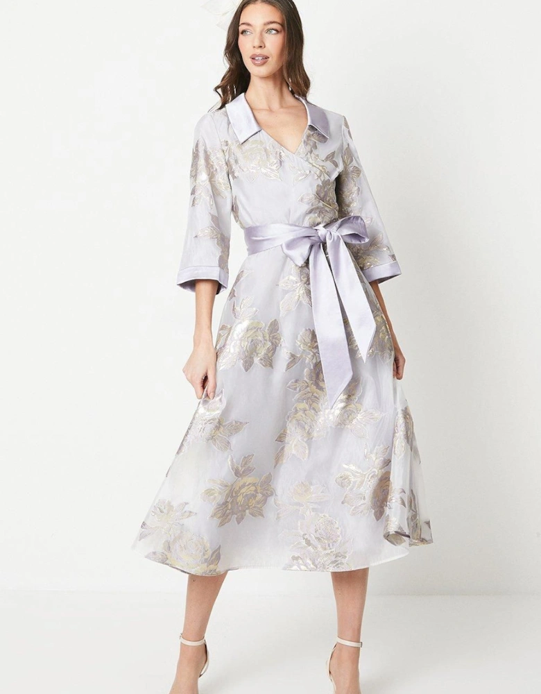 Metallic Jacquard Wrap Midi Dress