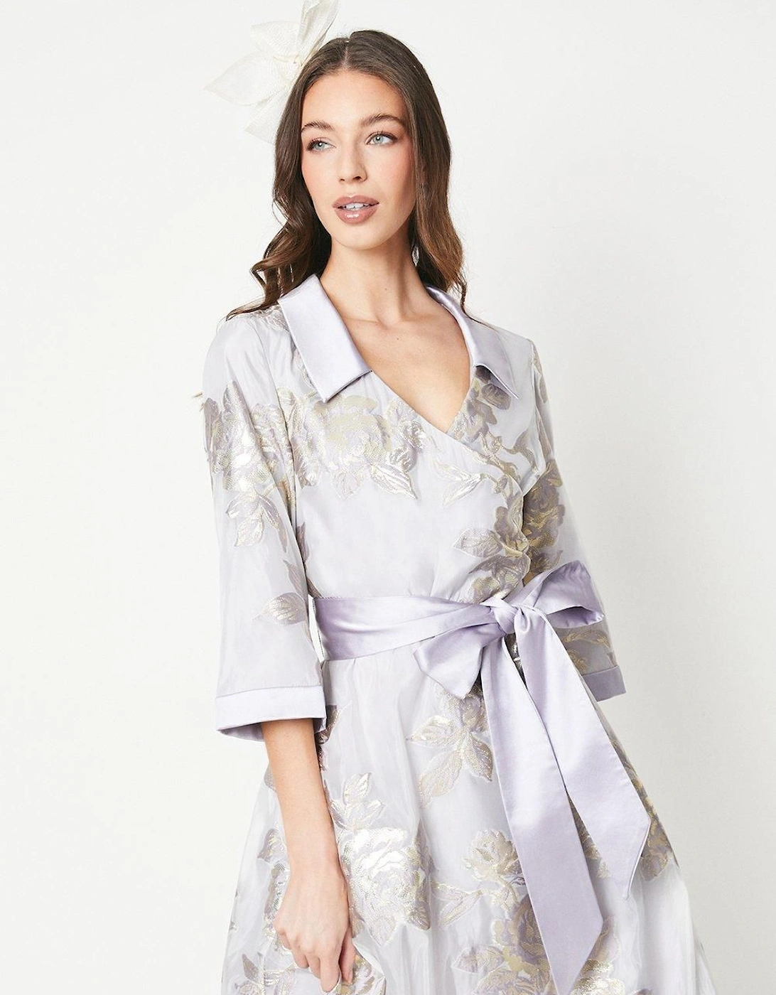 Metallic Jacquard Wrap Midi Dress