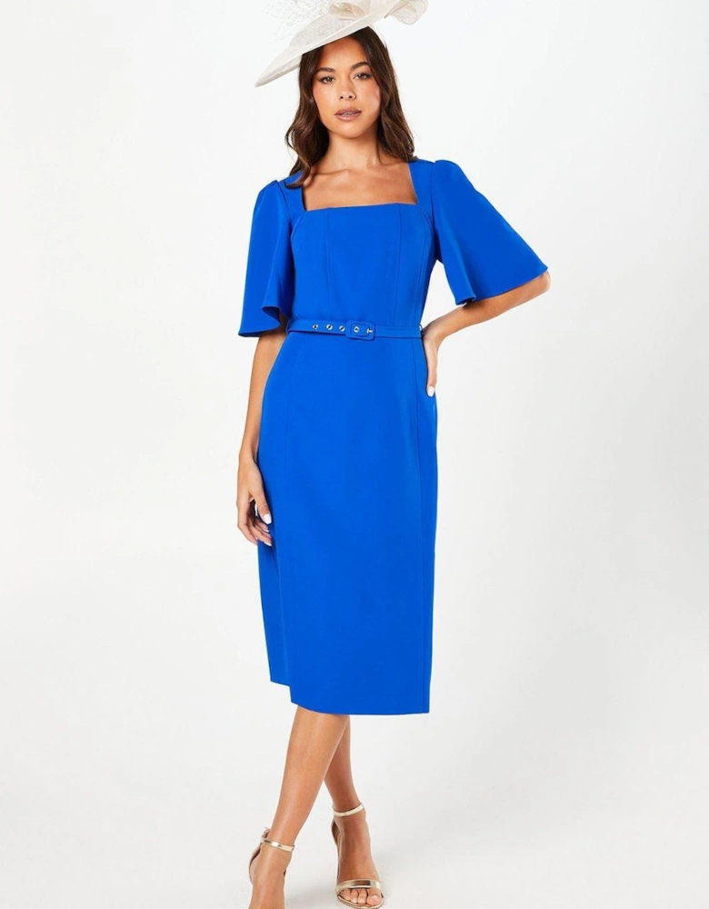 Crepe Square Neck Angel Sleeve Pencil Dress