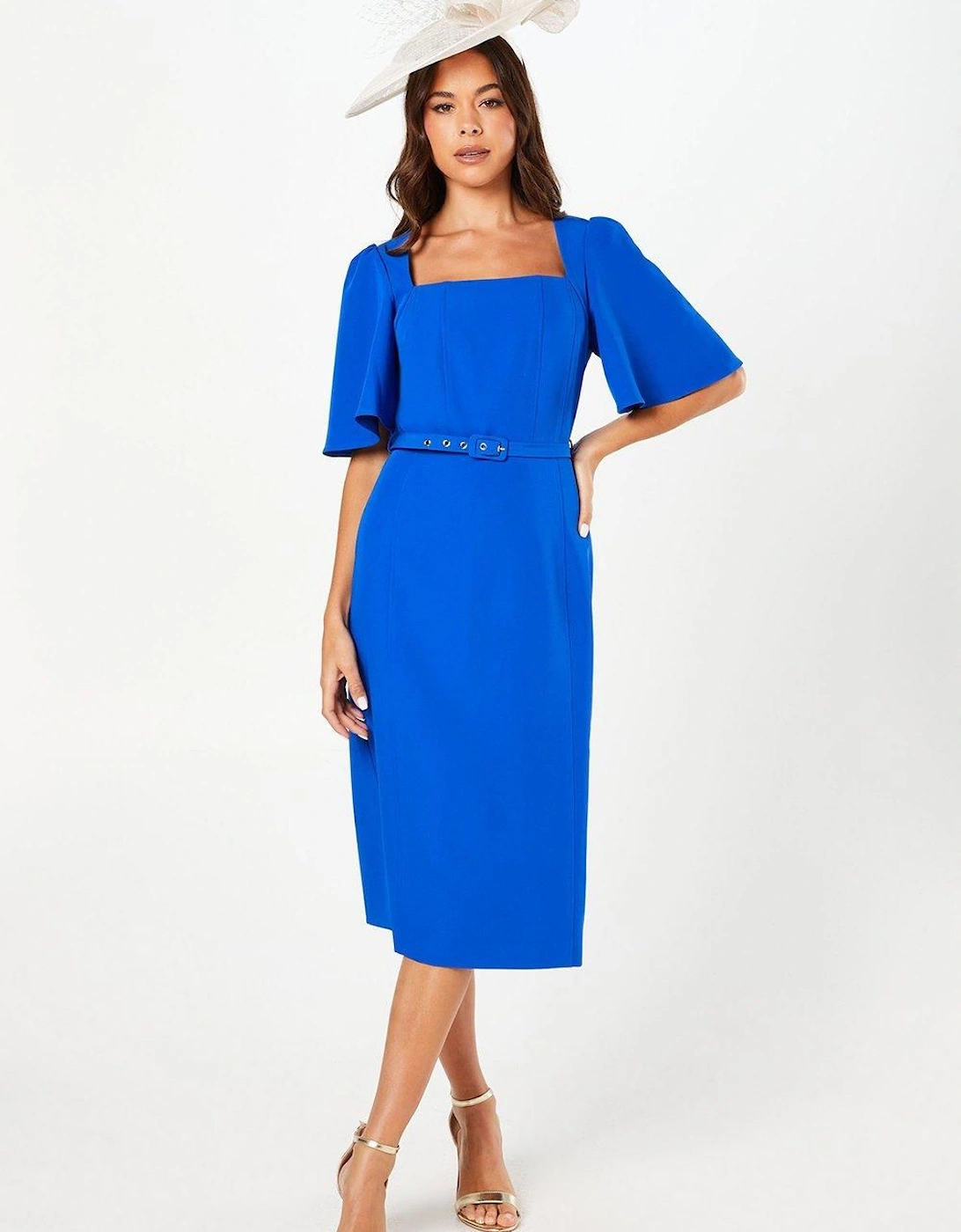 Crepe Square Neck Angel Sleeve Pencil Dress, 6 of 5