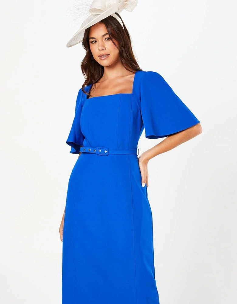 Crepe Square Neck Angel Sleeve Pencil Dress