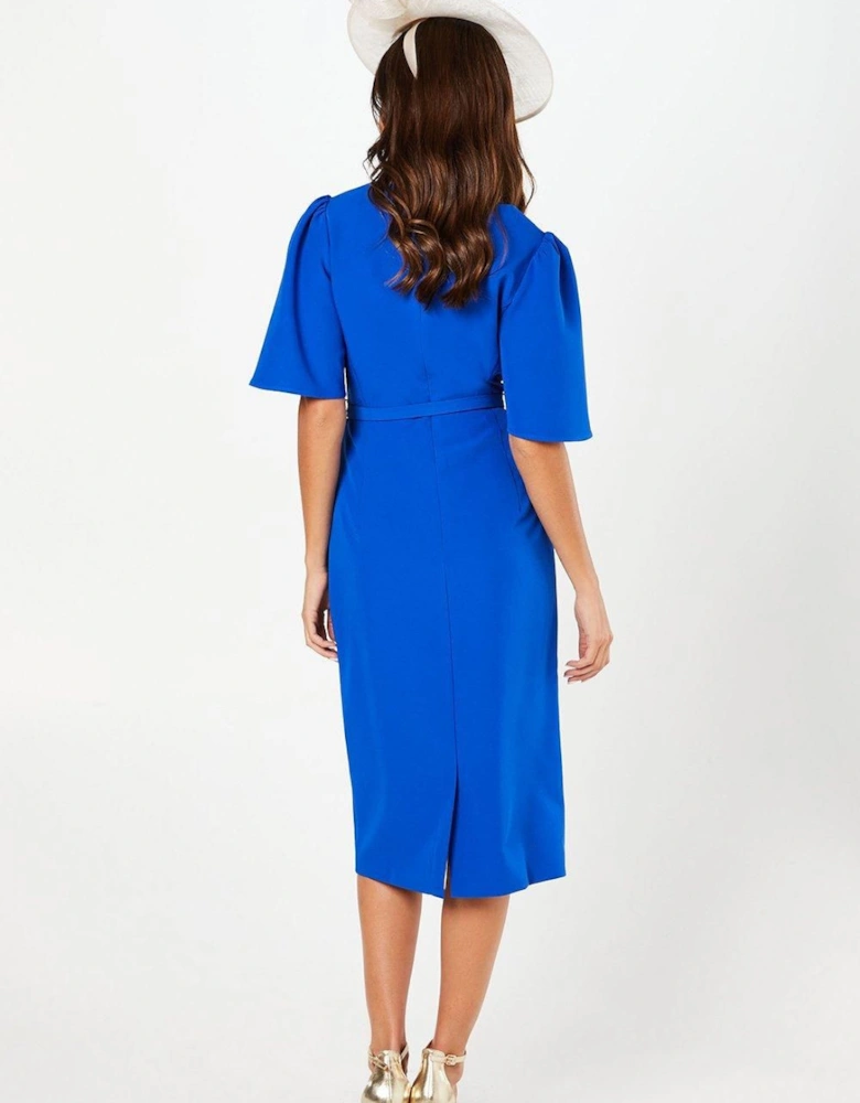 Crepe Square Neck Angel Sleeve Pencil Dress