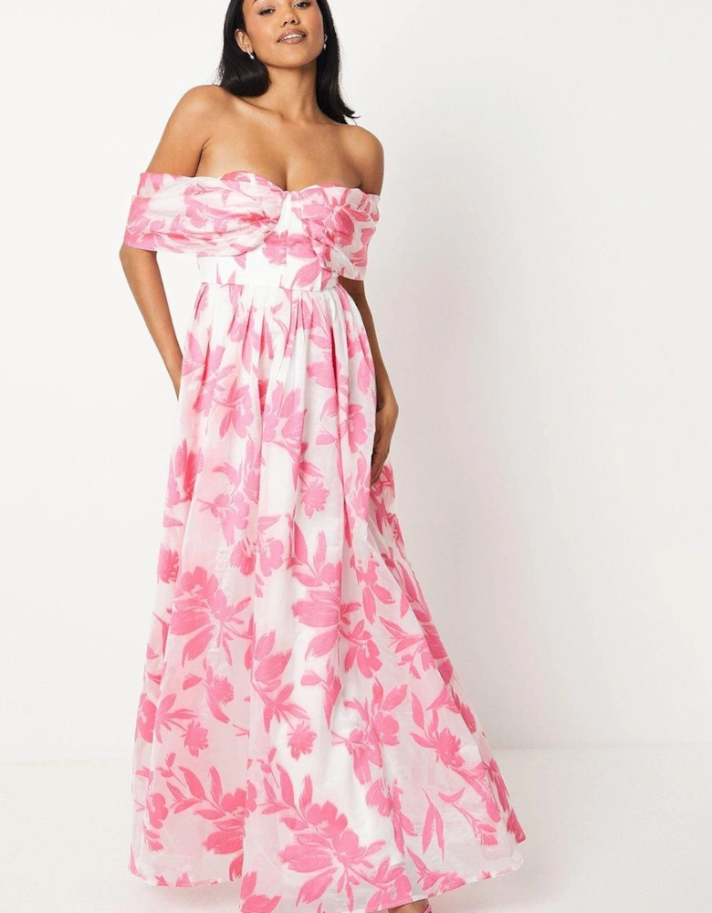 Sweetheart Bardot Organza Jacquard Maxi Dress