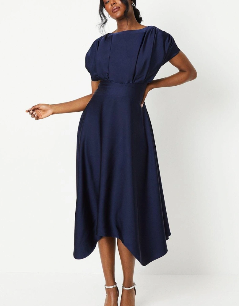 Satin Pleat Shoulder Handkerchief Hem Midi Dress